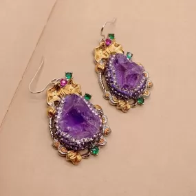 Crystal Purple Amethyst Rough Pave Dangle Hook Earrings