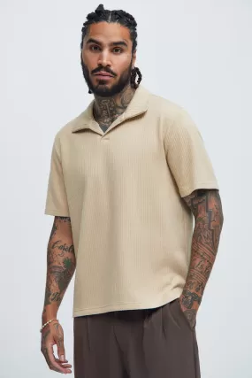 Franklin Stripe Knit Johnny Collar Shirt - Tan